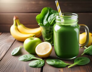 green smoothie with spinach banana apple and lemon on wooden table