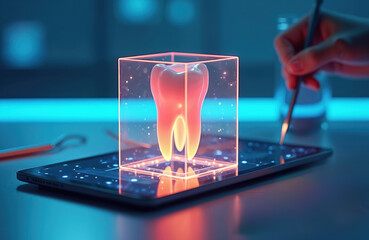 Futuristic dental tech with AI on dark blue background. Modern digital dentistry, 3D tooth model, smart healthcare concept. Dentist uses digital tablet interface. High-tech advanced innovation.