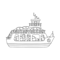 Ferry boat carrying cars line art illustration for coloring book page transportation vehicle on transparent background