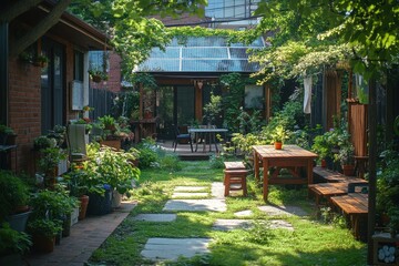 Charming garden surrounds a cozy house with solar panels in a serene neighborhood during a sunny afternoon