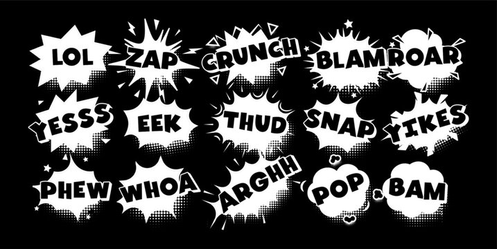 Comic pop speech bubbles in black and white with bold exclamations and dynamic sound effects. Great for internet memes, jokes, captions, stickers, posters, social media. Vector illustration.