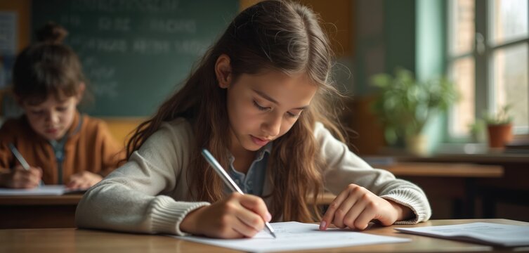 Focused student taking exam. Young schoolgirl concentrated on test, writing with pen in classroom. Education, learning concept. School children at desk during lesson.