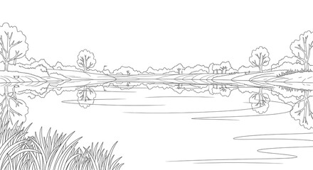 Lake landscape coloring page for adults and kids, nature scenery outline drawing art therapy on transparent background