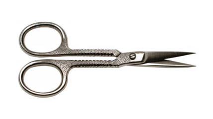 Close up of suture cutting scissors lying horizontally against a transparent background, showcasing their sharp blades and textured handles
