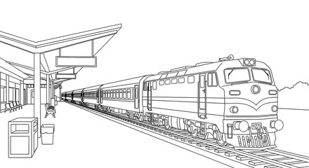 Coloring page of train at station, train illustration, train line art, train outline drawing on transparent background