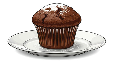 Delicious Chocolate Muffin with Powdered Sugar on a White Plate


