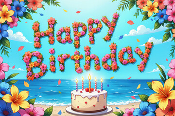 A vibrant seaside birthday celebration with a cake and candles.