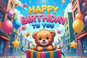A cute bear sitting on a wrapped gift box, colorful balloons, and butterflies in a city setting, celebrating a birthday.