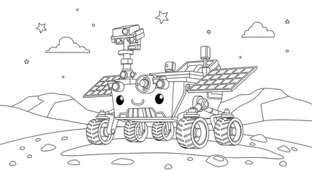 Naklejka premium Cute cartoon mars rover coloring page for kids and adults printable space exploration activity on transparent background