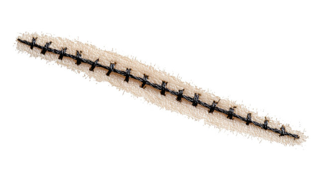 Close up of a surgical suture closing a wound, symbolizing healing and recovery, isolated on a transparent background for easy integration into various projects