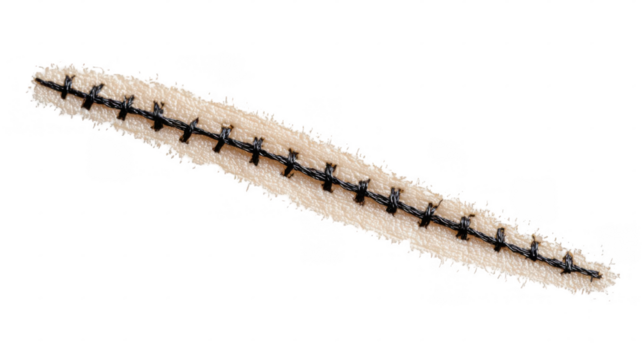 Close up of a surgical suture closing a wound, symbolizing healing and recovery, isolated on a transparent background for easy integration into various projects