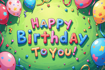 Vibrant birthday card with multicolored balloons, confetti, and the message HAPPY BIRTHDAY TO YOU!.