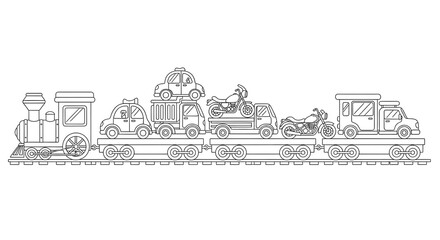 Naklejka premium Train coloring page for kids with cars and motorcycles on train cars transportation toy on transparent background