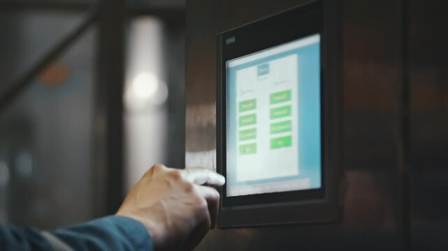 Close up of a factory worker's hand interacting with a touchscreen control panel, adjusting settings and monitoring processes in an industrial environment