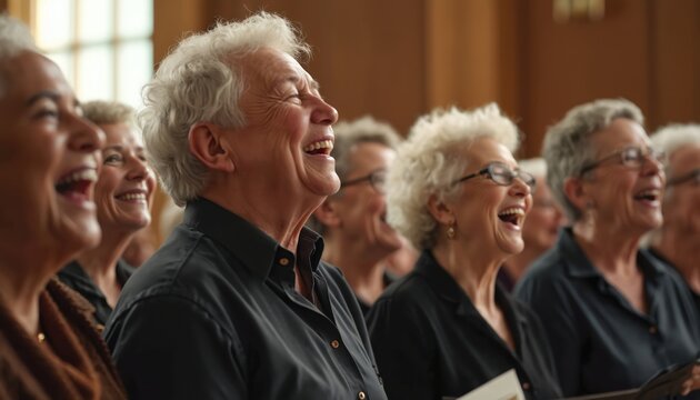 Joyful group seniors sing together during choir practice in church. Natural light creates warm atmosphere. Elders sharing laughter in hall. Community, friendship, togetherness, celebration, emotional - Powered by Adobe
