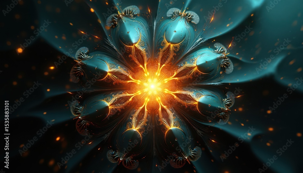 Poster abstract fractal design radiates from central point. vibrant teal emerald, orange colors with gold d
