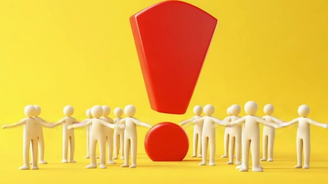 Group of stylized figures gathered around a large exclamation mark on a bright yellow background