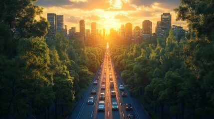 Sunset over eco city boulevard with cars between lush green trees and modern buildings.