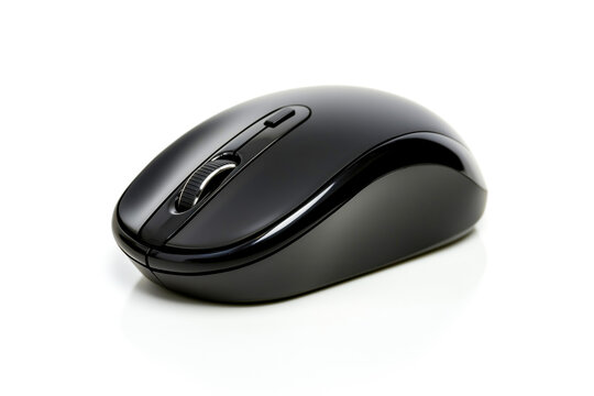 A sleek black computer mouse on a white isolated background for modern tech and office use.