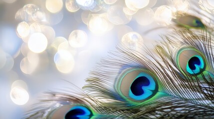 Obraz premium Colorful peacock feathers shimmer against a blurred background of soft lights during an elegant celebration