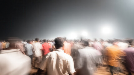 chaotic scene at night where migrants are hurriedly leaving their apartments in panic illuminated by ultrabright