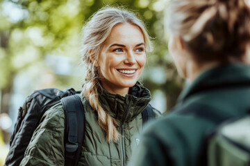 Smiling woman with braided hair in green jacket and backpack talking to another person outdoors. Concept of outdoor activity, conversation, friendship. For outdoor lifestyle photo.
