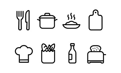 Minimalist kitchen icons set: cooking, utensils, chef hat, ingredients, toaster vector illustration