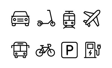 Minimalist transportation icons: car, scooter, tram, airplane, bus, bicycle, parking, charging vector illustration