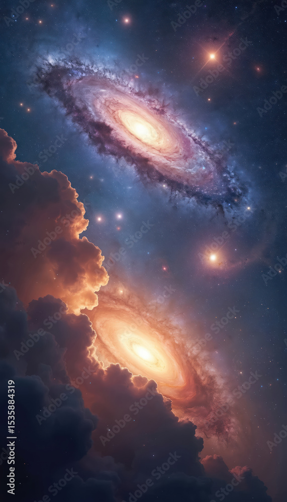 Poster spectacular cosmic scene galaxy in deep space. numerous stars, luminous nebula clouds illuminate uni