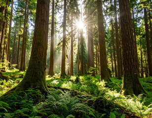 Fototapeta premium Beautiful rays of sunlight in a green forest