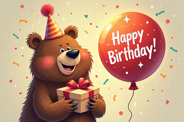 A cartoon bear in a party hat holds a gift box and a red balloon with Happy Birthday written on it, amidst colorful confetti.