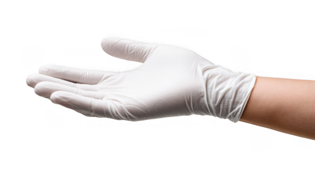 Medical professional wearing sterile latex gloves holds an open palm in a gesture of offering or receiving, set against a transparent background for easy compositing