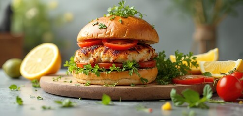 Chicken burger on table with fresh herbs, citrus slices. Brioche bun, tomato slices, parsley. Restaurant, cafe, home kitchen, healthy fast food. Modern design, bright color scheme. Lunch dinner menu.