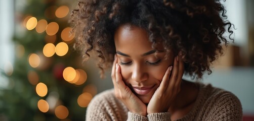 Calm woman experiencing peace of mind. Christmas tree background, lights. Mindfulness, relaxation, holiday, stress relief. Mental health, self care, personal growth, support, emotional well-being.