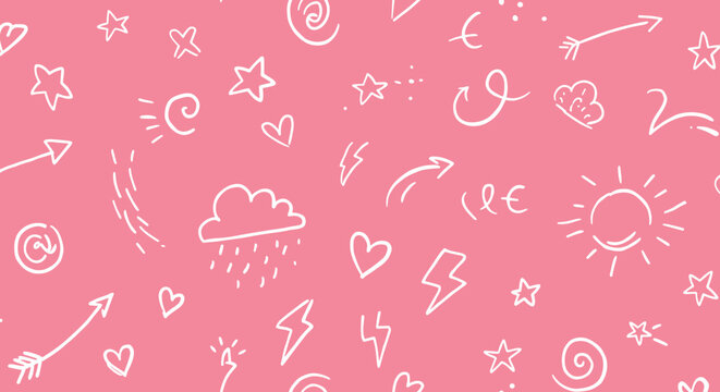 Elementos gr&aacute;ficos doodle: estrelas, cora&ccedil;&otilde;es, setas e nuvens desenhados com marcador branco sobre fundo rosa &ndash; ilustra&ccedil;&atilde;o vetorial moderna feita &agrave; m&atilde;o para design contempor&acirc;neo