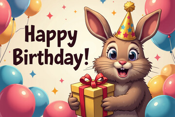 A cartoon bunny wearing a party hat holds a wrapped gift surrounded by colorful balloons and stars.