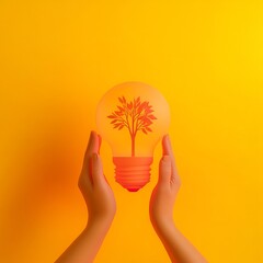 A person holding a glowing light bulb with a small tree growing inside, symbolizing hope, growth, and sustainability, minimalistic style