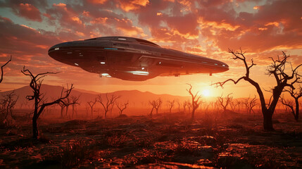 Spaceship hovers above a barren landscape under a glowing sunset with dramatic clouds