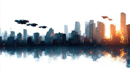 Obraz premium Futuristic city skyline at sunset with flying vehicles and reflections in water creating a sci-fi environment