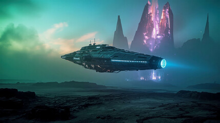 Spaceship hovers above an alien landscape with towering formations illuminated by ethereal light