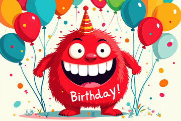 A cartoon red monster with a party hat and Birthday! on its belly, surrounded by colorful balloons and confetti, in a playful and festive atmosphere.