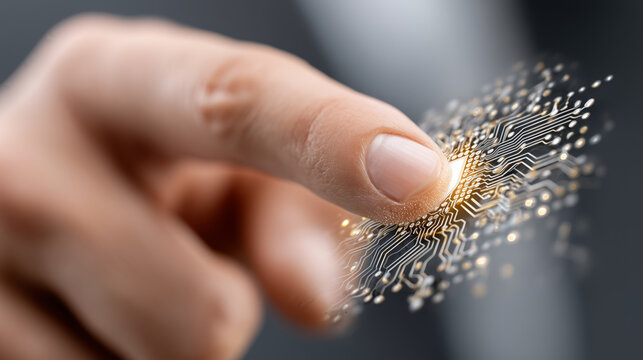 Finger touching a virtual shield button with glowing circuit lines, digital security