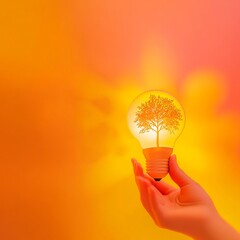 A person holding a glowing light bulb with a small tree growing inside, symbolizing hope, growth, and sustainability, minimalistic style