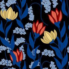 Seamless flower pattern. Abstract pattern. Textile print pattern. Black background. 