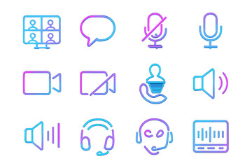 Neon communication icons for virtual meetings and audio equipment
