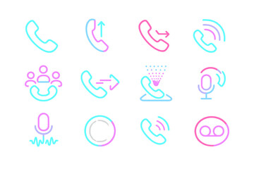 Obraz premium Neon phone icon set with communication and microphone symbols