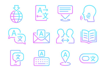 Neon icons illustrating language translation and communication concepts