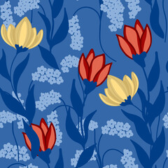 Seamless flower pattern. Abstract pattern. Textile print pattern. Blue background. 