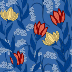 Seamless flower pattern. Abstract pattern. Textile print pattern. Blue background. 