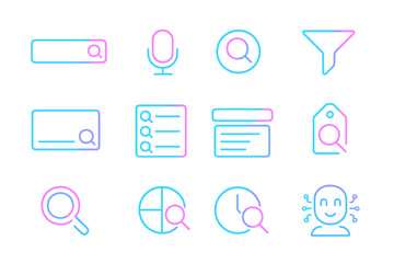 Neon blue and pink search icons on black background